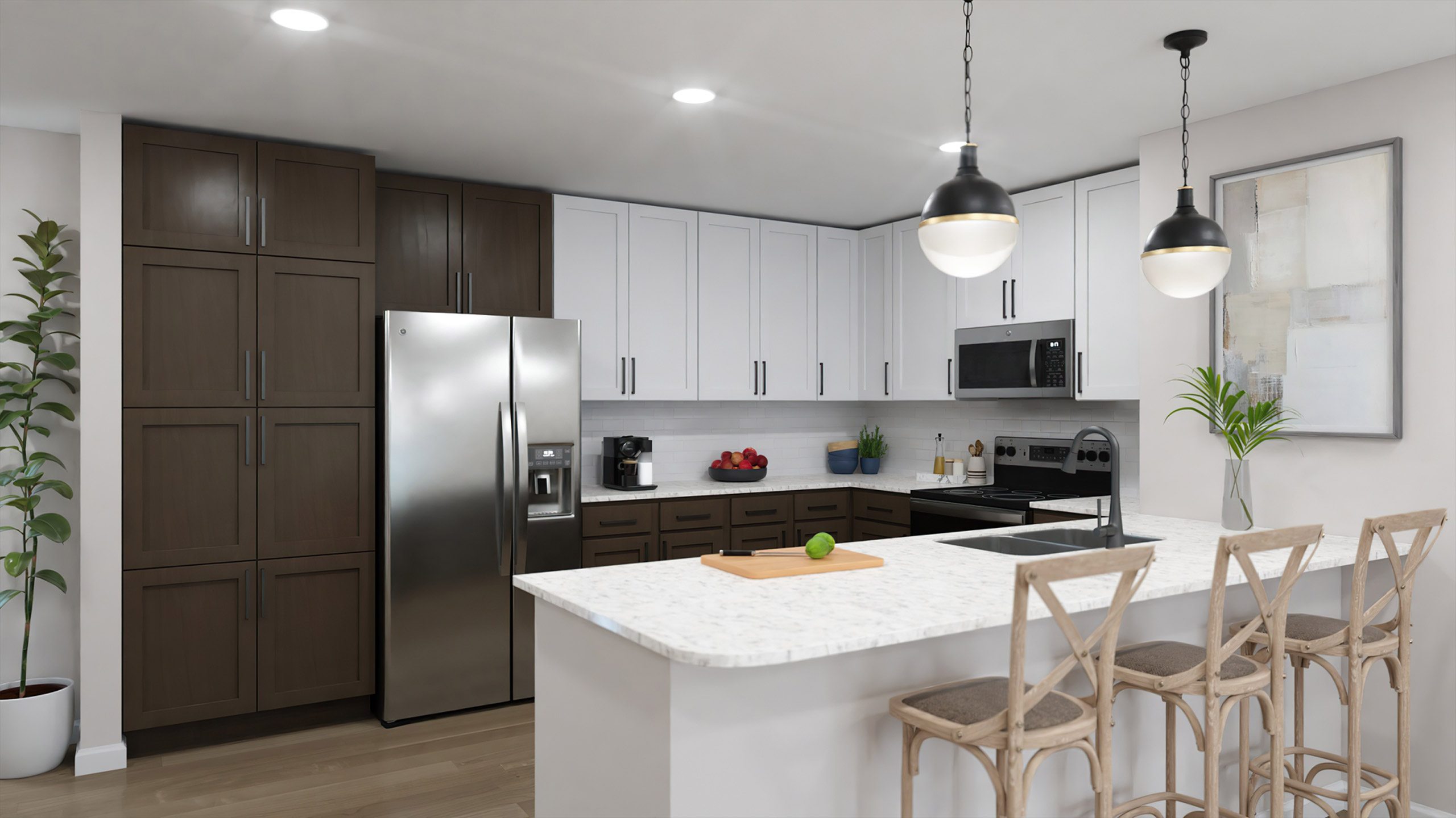 A modern kitchen with a white island and wooden chairs.